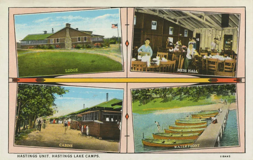 Historical color postcard with four views of Hastings Lake Camp: lodge, mess hall, cabins, and waterfront